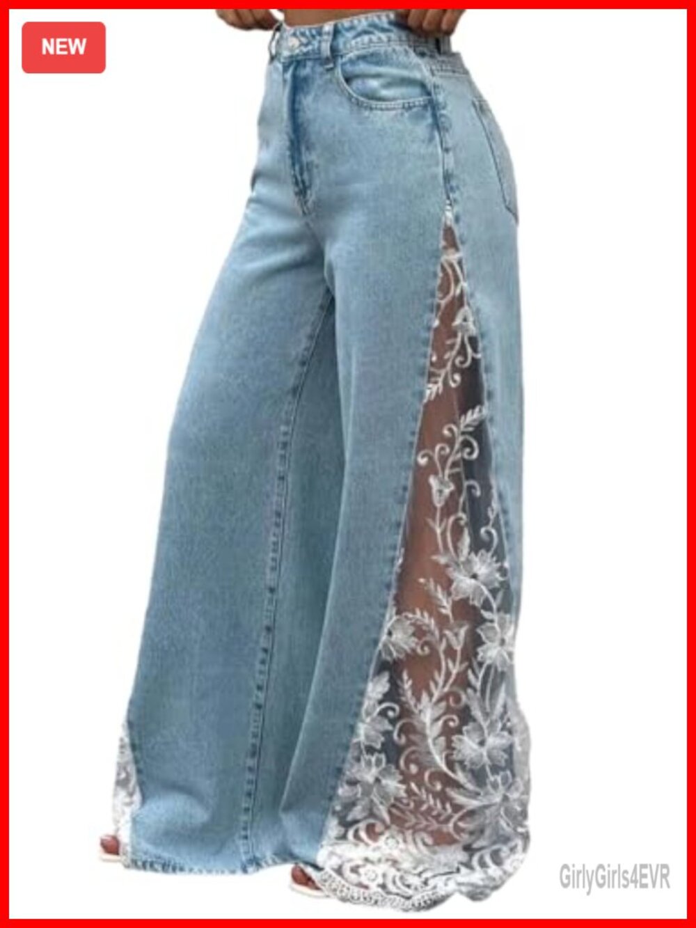 Women's Floral Lace High Waisted Wide Leg Jeans Sheer Denim Pants